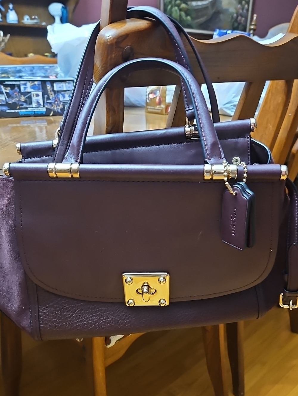 Coach Plum Leather Turnlock Satchel with Gold Hardware